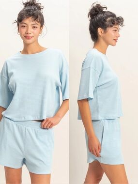 NEW Double Zero Blue White Striped Lounge Set Boxy Tee Elastic Shorts Size Small